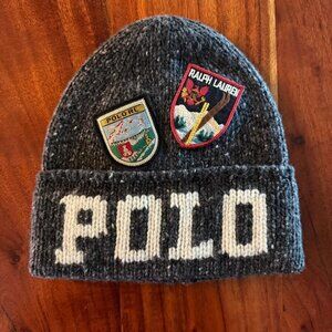 POLO RALPH LAUREN NEW 1 OF 1 CHARCOAL RL SKI CLUB PATCH INTARSIA WOOL BEANIE HAT